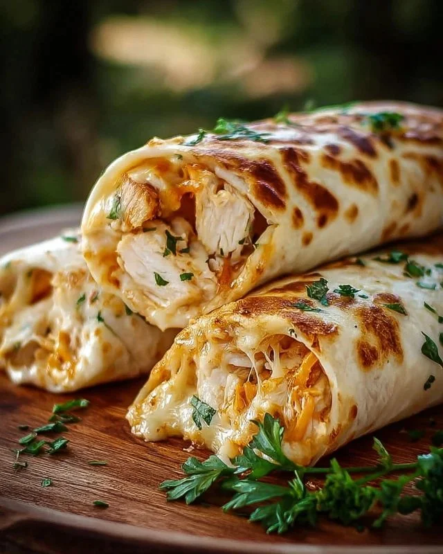 Cheesy chicken garlic wraps filled with tender chicken and melted cheese
