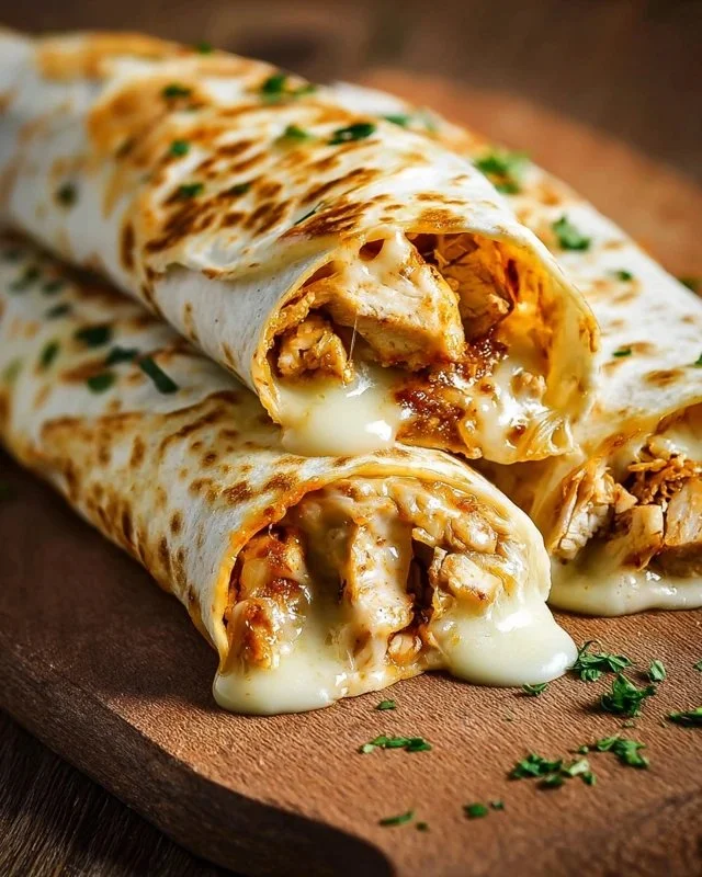 Cheesy garlic chicken wraps with fresh ingredients and melted cheese