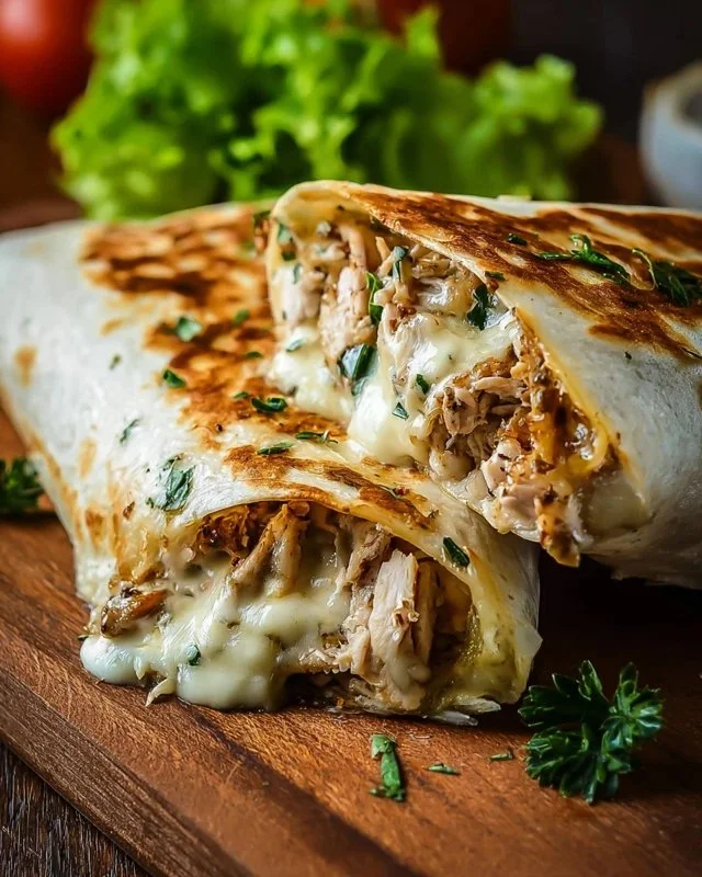 Cheesy garlic chicken wraps filled with tender chicken and melted cheese
