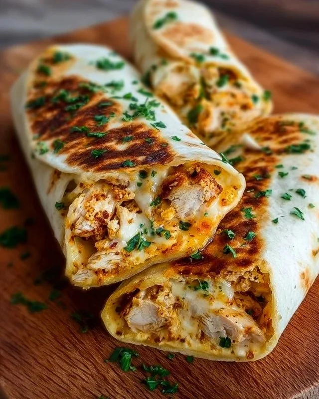 Cheesy garlic chicken wraps on a plate garnished with fresh herbs