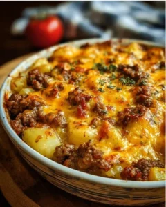 Cheesy ground beef and potato casserole baked with cheese and spices