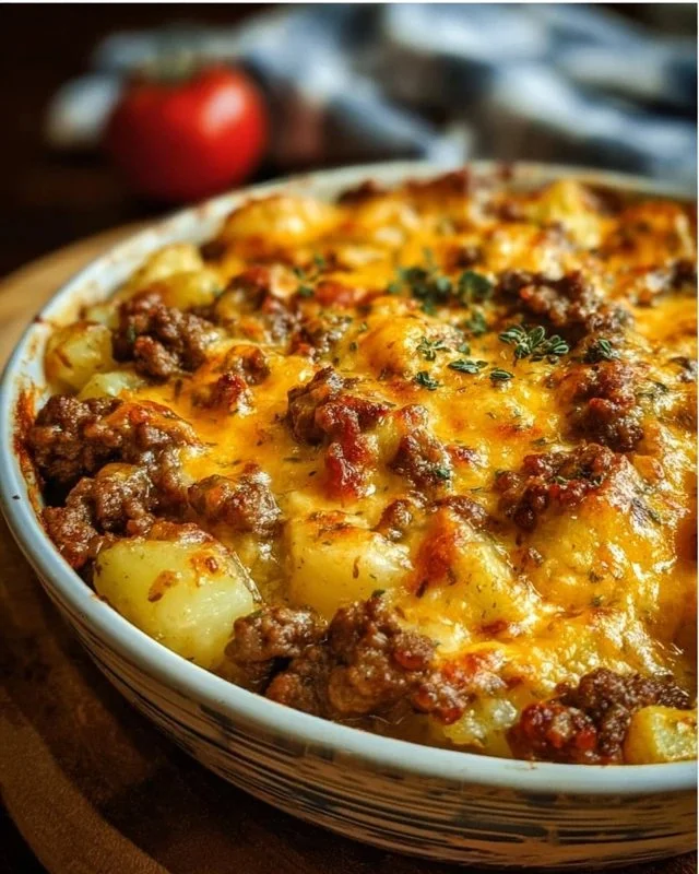 Cheesy ground beef and potato casserole baked with cheese and spices