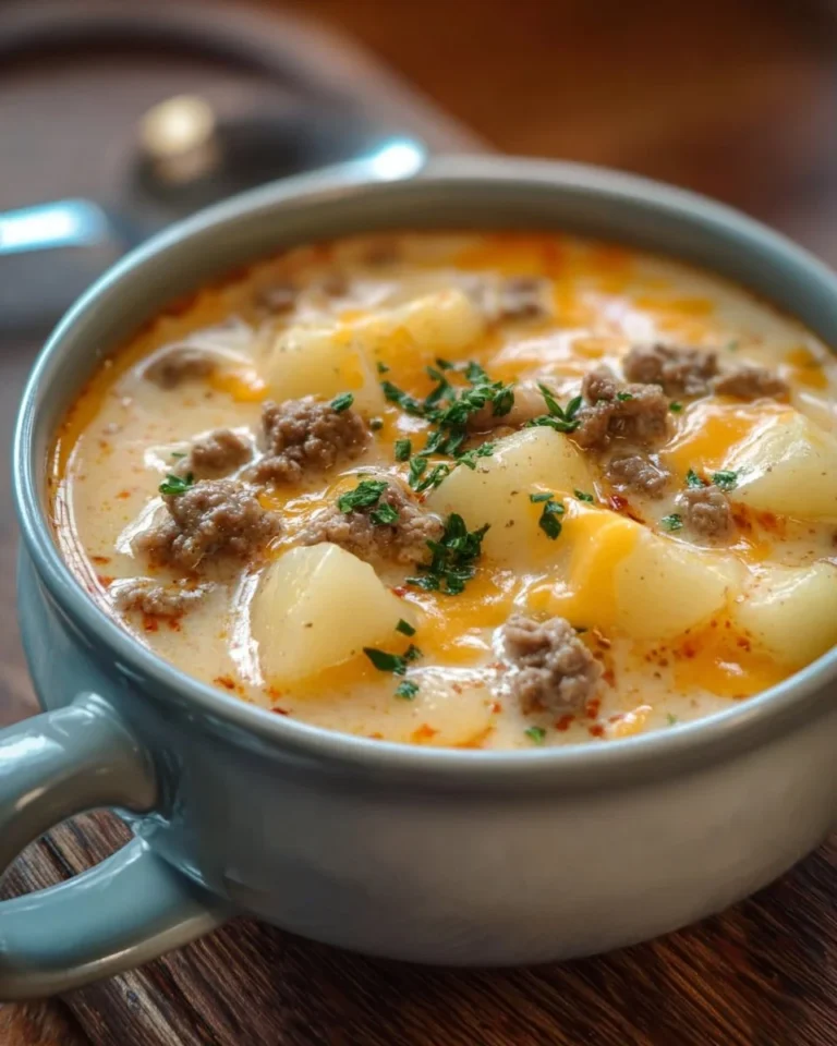 A bowl of cheesy hamburger potato soup garnished with herbs and cheese.