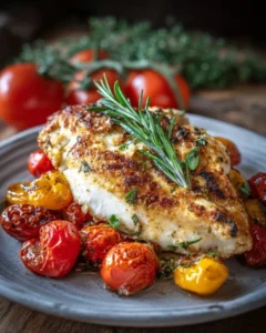 A beautifully plated chicken breast masterpiece with vibrant vegetable sides.