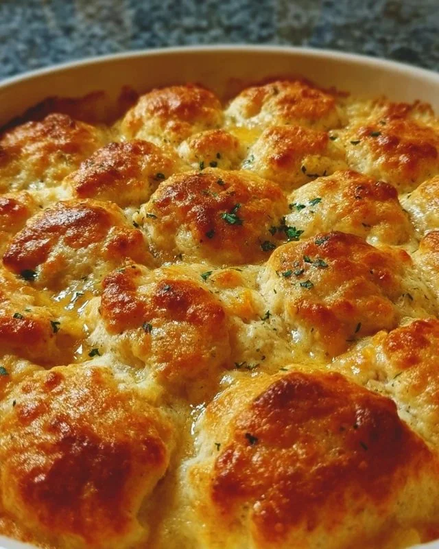 Delicious Chicken Biscuit Bake casserole with bubbly chicken and golden biscuits.