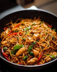Delicious Chicken Lo Mein dish with colorful vegetables and tender chicken