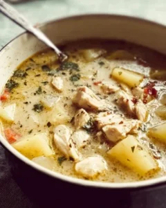 Bowl of creamy Chicken Potato Soup garnished with herbs and vegetables