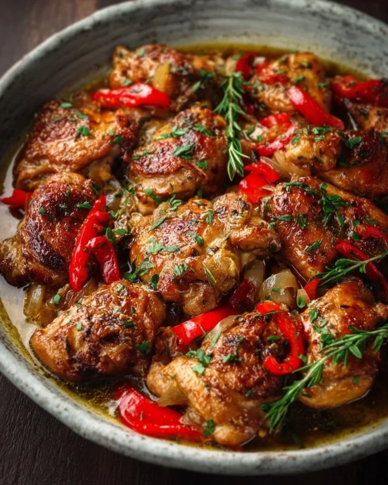 Delicious Chicken Scarpariello served with peppers and herbs