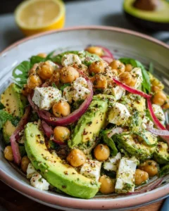 Chickpea Feta Avocado Salad in a colorful bowl garnished with fresh herbs