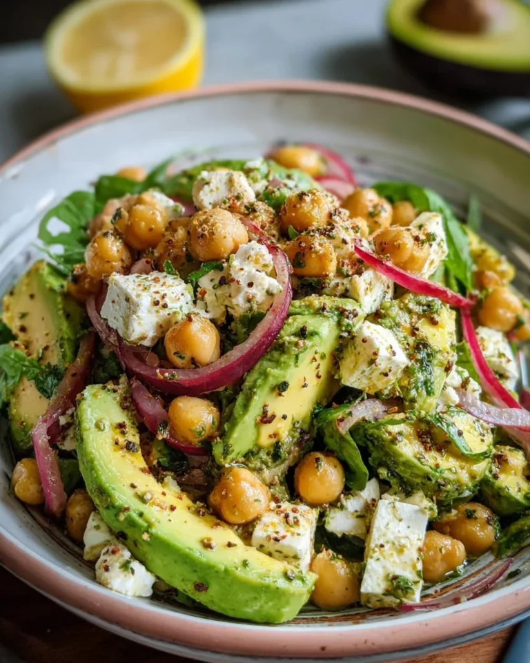 Chickpea Feta Avocado Salad in a colorful bowl garnished with fresh herbs