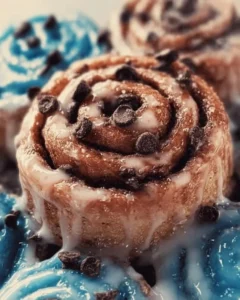 Chocolate chip cookie cinnamon rolls topped with gooey chocolate and cinnamon sugar