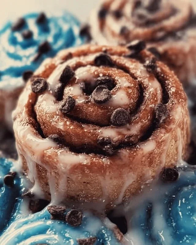 Chocolate chip cookie cinnamon rolls topped with gooey chocolate and cinnamon sugar