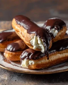 Delicious chocolate eclairs topped with rich chocolate glaze.