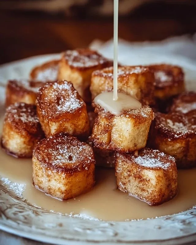 Cinnamon Roll French Toast Bites served with syrup and powdered sugar