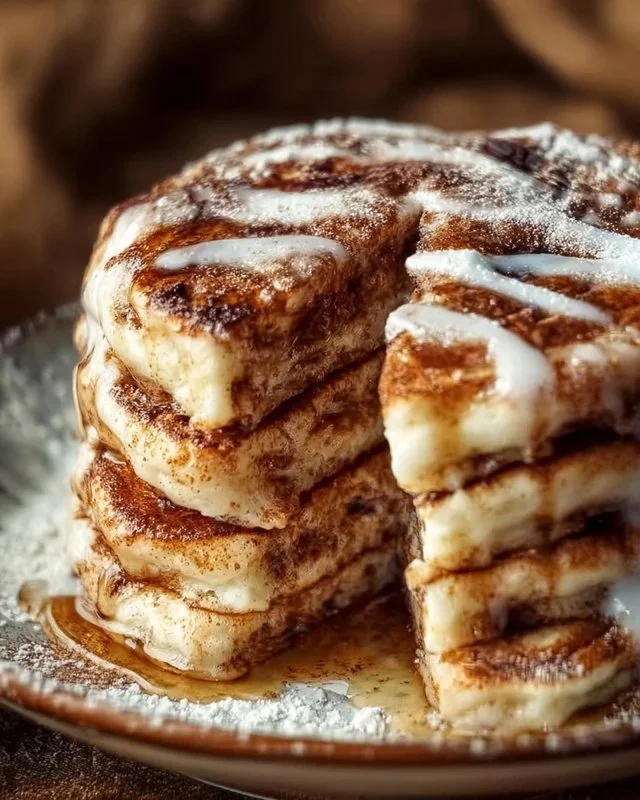 Delicious cinnamon roll pancakes served with icing for a perfect brunch treat