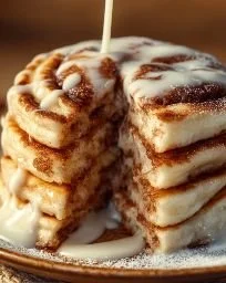 Delicious cinnamon roll pancakes stacked with icing for a brunch treat
