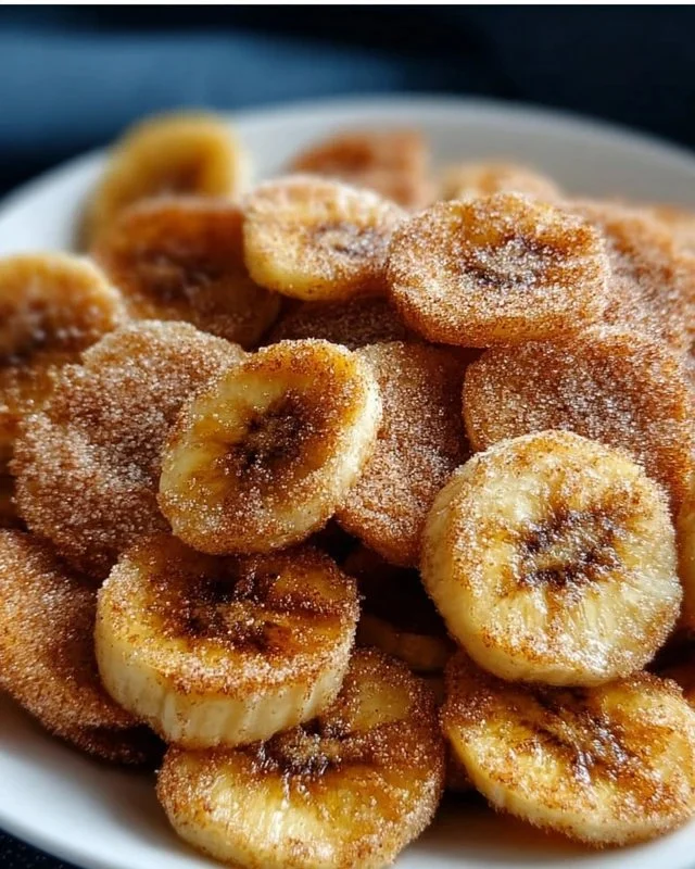 Cinnamon-sugar air fryer banana chips in a bowl
