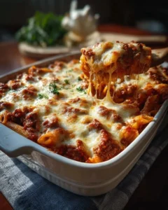 Delicious classic baked mostaccioli served hot with melted cheese