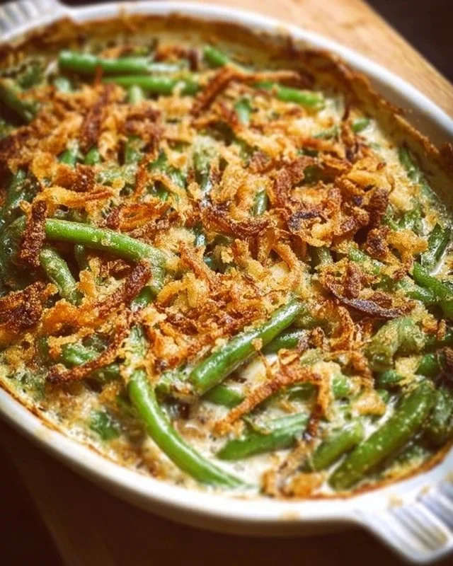 Classic Campbell's green bean casserole topped with crispy onions
