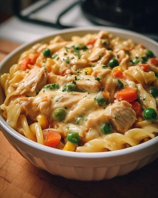 Delicious classic chicken pot pie pasta dish served in a bowl.
