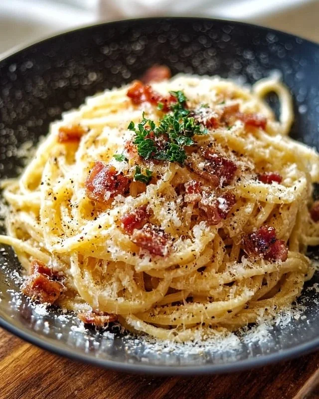 Plate of classic spaghetti carbonara with creamy sauce and crispy pancetta