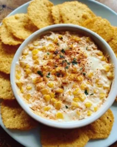 Delicious corn dip served in a bowl, garnished with herbs, perfect for appetizers.