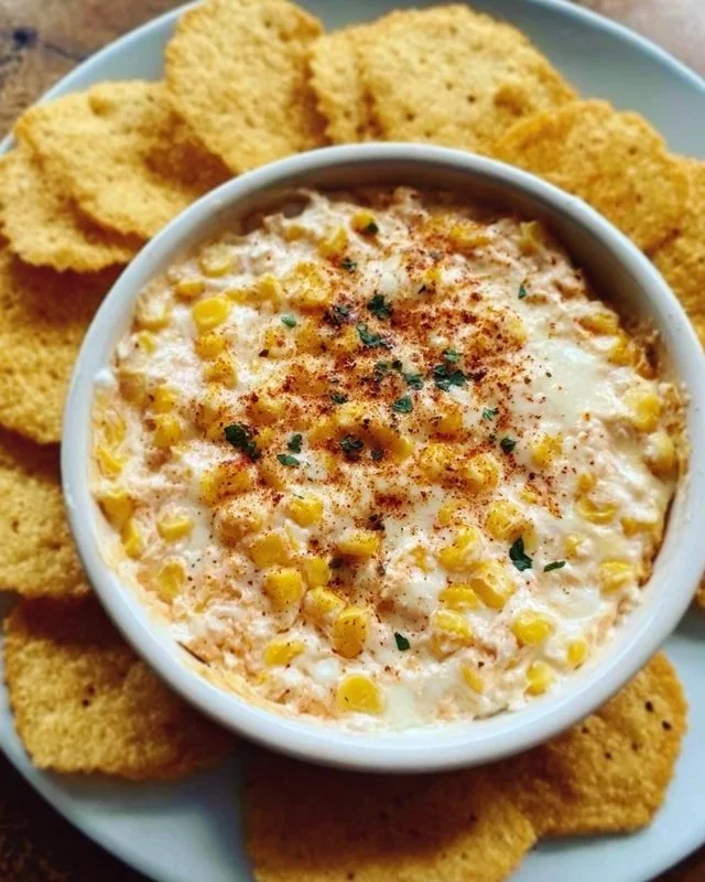 Delicious corn dip served in a bowl, garnished with herbs, perfect for appetizers.