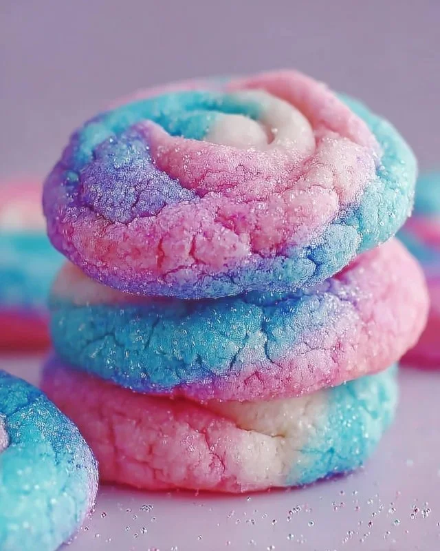 Baking colorful cotton candy cookies topped with sprinkles.