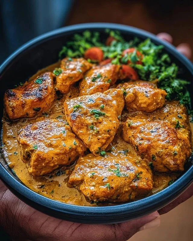 Delicious Cowboy Butter Chicken served with colorful garnish.