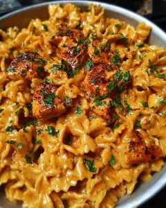 A bowl of Cowboy Butter Chicken Pasta topped with herbs and spices, showcasing a delicious fusion dish.