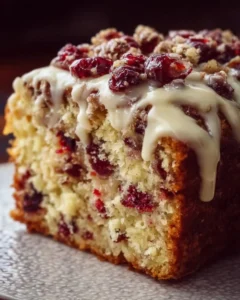 Slice of Cranberry Bliss Coffee Cake topped with cream cheese frosting and cranberries.