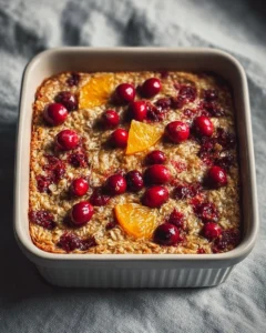 Cranberry Orange Baked Oatmeal served in a rustic bowl with fresh cranberries and orange slices.