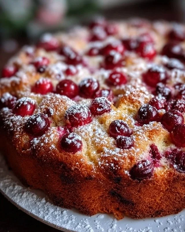 Cranberry orange breakfast cake slice on a plate