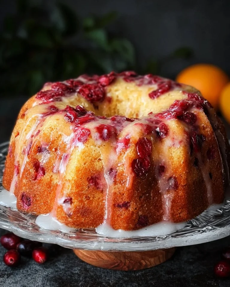 Freshly baked Cranberry Orange Bundt Cake on a decorative plate