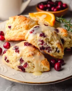 Freshly baked cranberry orange scones on a wooden table