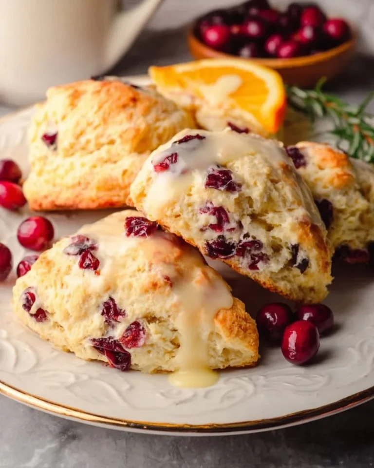 Freshly baked cranberry orange scones on a wooden table
