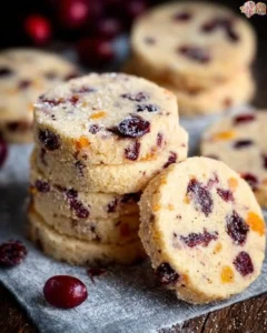 Cranberry Orange Shortbread Cookies displayed on a decorative plate.