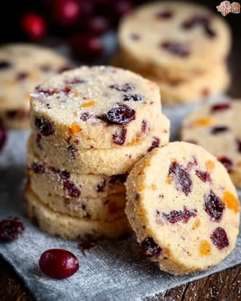 Cranberry Orange Shortbread Cookies displayed on a decorative plate.