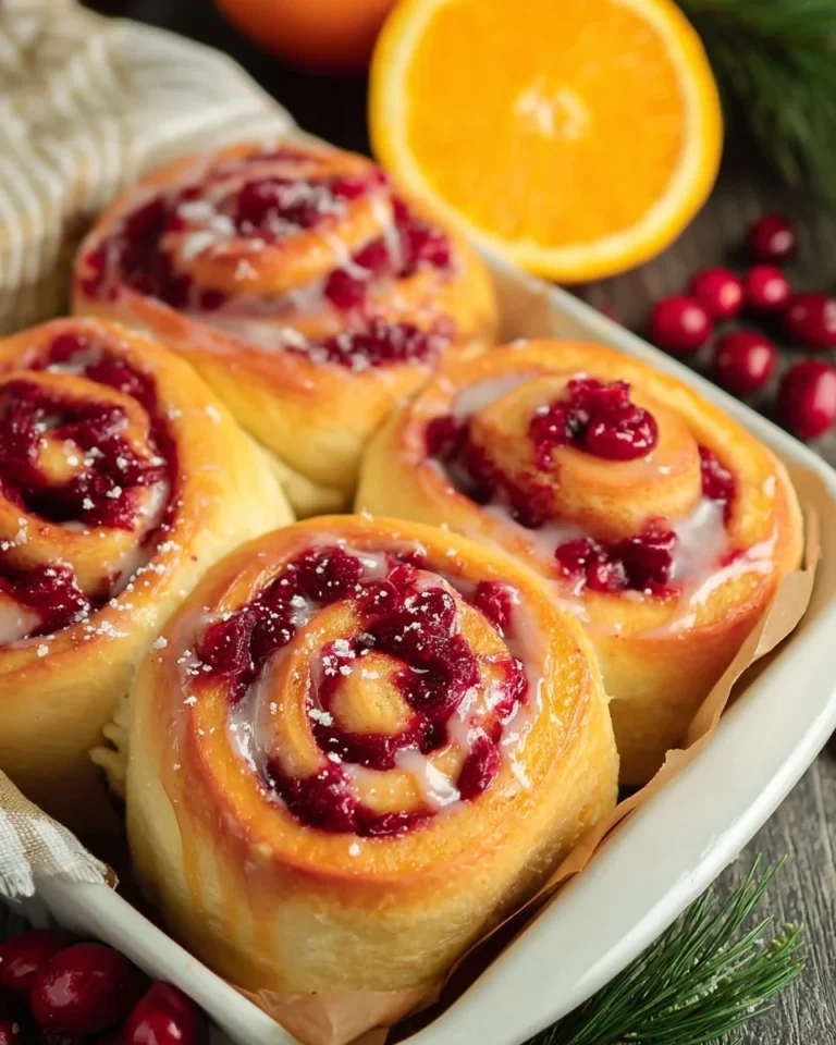 Freshly baked cranberry orange sweet rolls on a cooling rack
