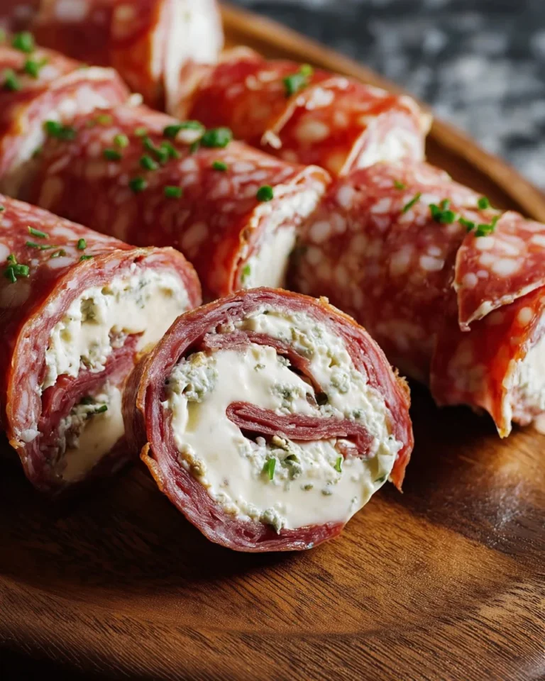 Delicious cream cheese salami roll ups served as an appetizer