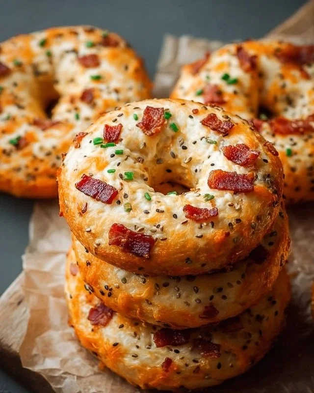 Creamy Bacon Cheddar Bagels topped with melting cheese and crispy bacon