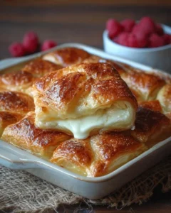 Creamy cheesecake casserole made with crescent rolls topped with sweet glaze