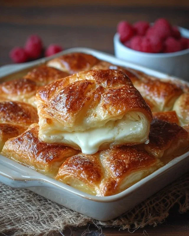 Creamy cheesecake casserole made with crescent rolls topped with sweet glaze