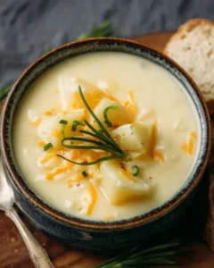 Creamy cheesy potato soup garnished with herbs in a bowl