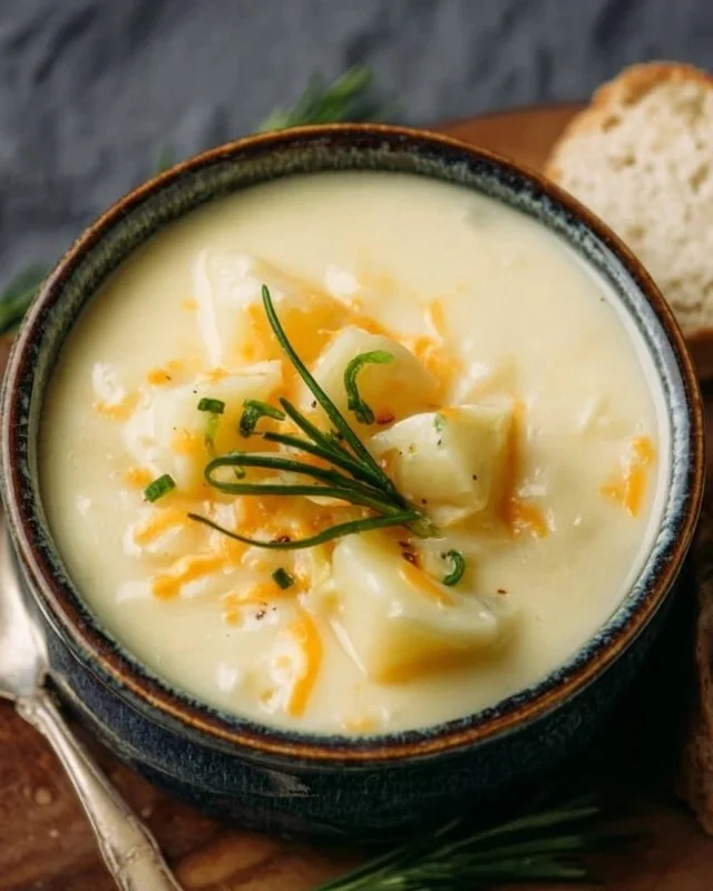 Creamy cheesy potato soup garnished with herbs in a bowl