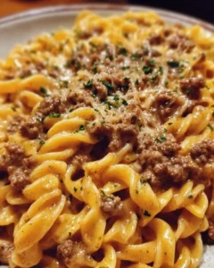 Creamy garlic butter pasta dish with ground beef served in a bowl