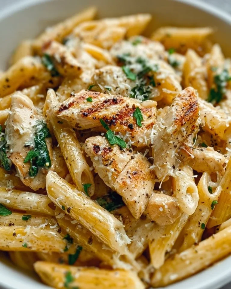 Delicious creamy garlic parmesan chicken pasta dish garnished with parsley