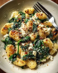 Creamy gnocchi dish with spinach and feta served in a bowl
