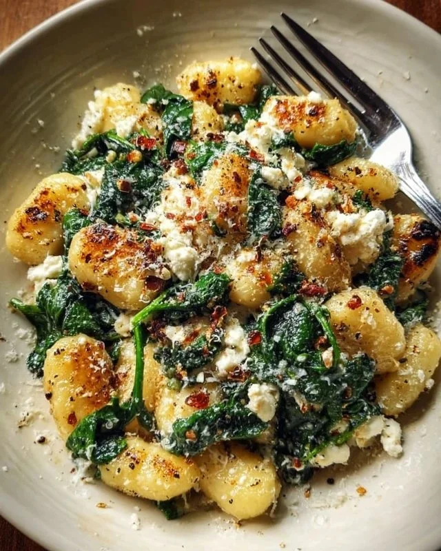 Creamy gnocchi dish with spinach and feta served in a bowl