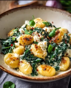 Creamy gnocchi dish with spinach and feta cheese garnished on a plate